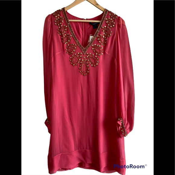 NWT French Connection Bex Beaded Coral Silk Long Sleeve Dress - size 6 - Picture 2 of 14